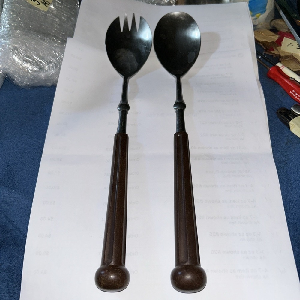 Vintage Oxford Hall Dark Wood Handle Salad Serving Utensils 1973 Stainless Japan